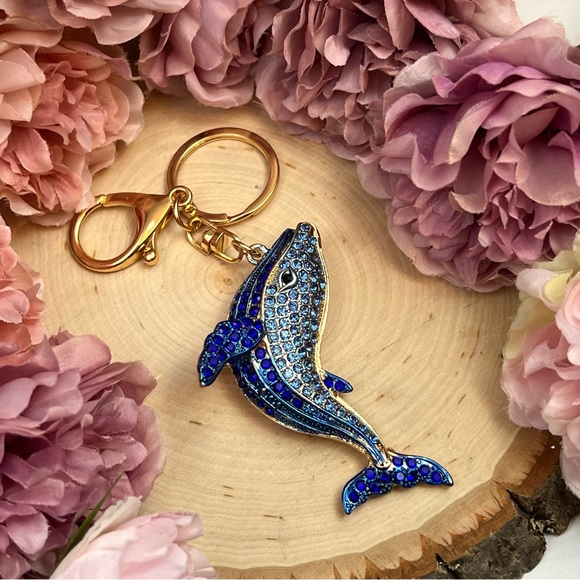 Blue and Gold Crystal Whale Keychain Charm - Picture 6 of 16